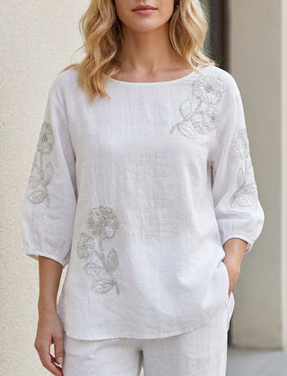 White floral summer blouse for women with puff sleeves, stylish top from My Store women's clothing collection.