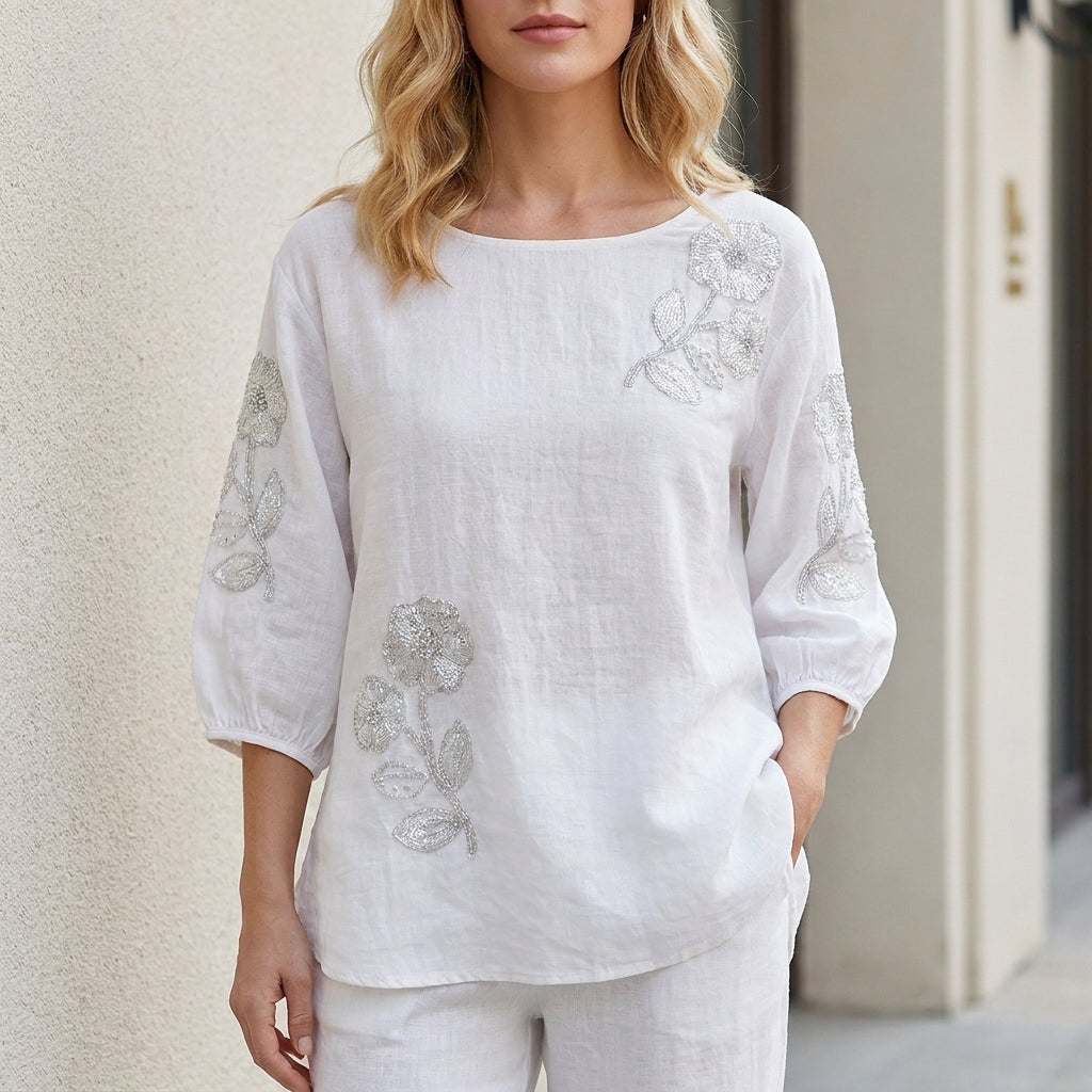 White floral summer blouse for women with puff sleeves, stylish top from My Store women's clothing collection.
