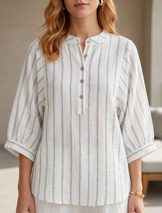 White striped linen summer blouse for women with button front, stylish and breathable top from My Store.