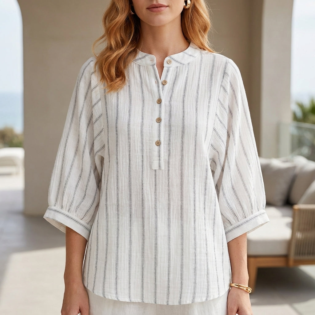 White striped linen summer blouse for women with button front, stylish and breathable top from My Store.