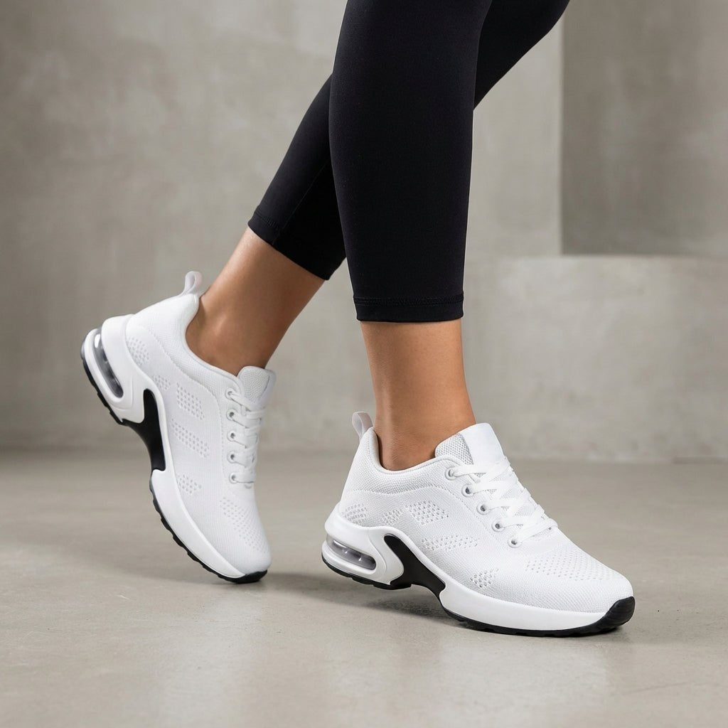 White knit sneakers for women by Tammy Bradley, showing a close-up of the comfortable, stylish women's shoes.