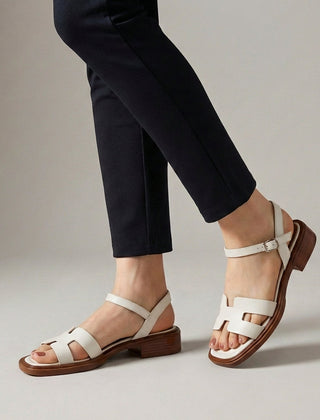 White ankle-length flat sandals with ankle strap and buckle, stylish and comfortable footwear by My Store