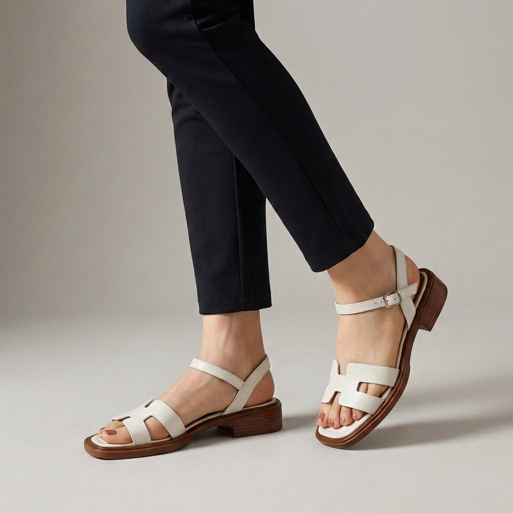 White ankle-length flat sandals with ankle strap and buckle, stylish and comfortable footwear by My Store