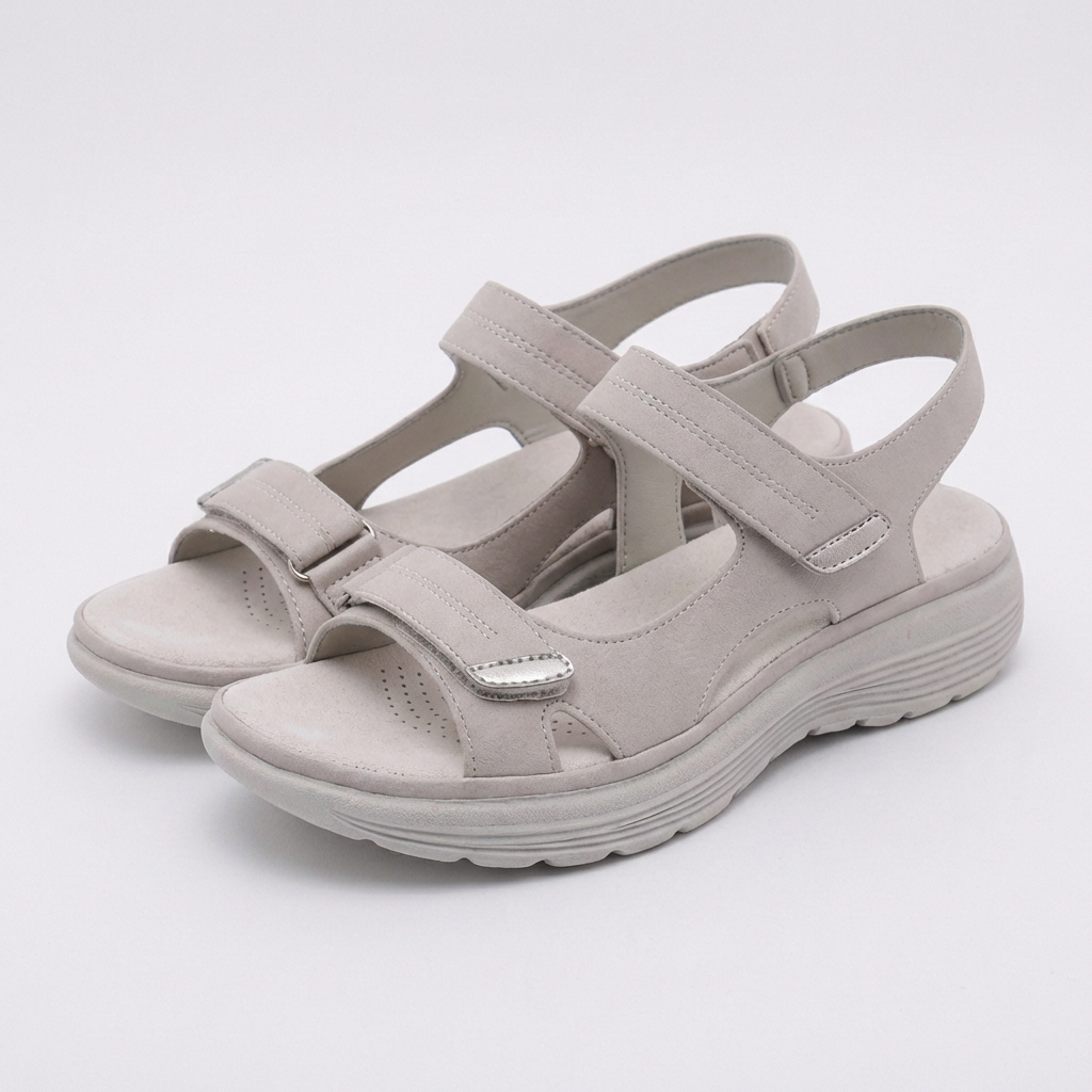 White orthopedic comfort fit sandals with chunky sole and adjustable straps, designed for support and casual wear