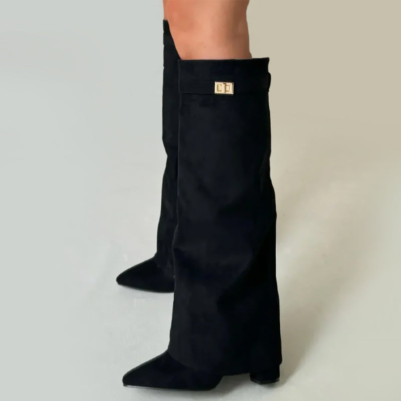 Knee-high women's orthopedic suede boots with buckle detail and fold-over cuff, stylish and supportive footwear by My Store.