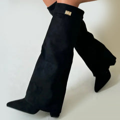 Women's orthopedic suede boots with buckle detail and fold-over cuff, designed for comfort and style.