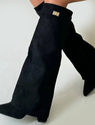 Women's orthopedic suede boots with buckle detail and fold-over cuff, designed for comfort and style.