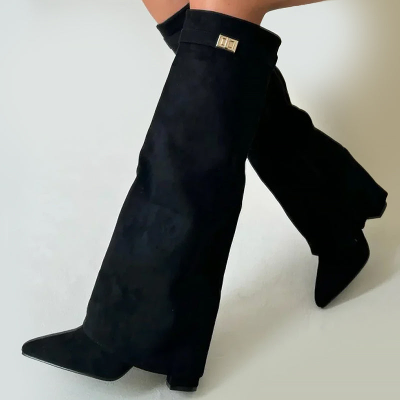 Women's orthopedic suede boots with buckle detail and fold-over cuff, designed for comfort and style.