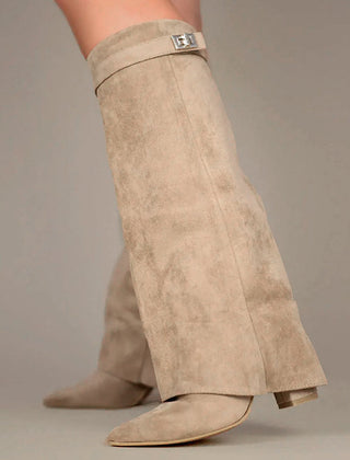 Women's orthopedic suede boots with buckle and fold-over cuff, stylish knee-high shoes designed for comfort and support.