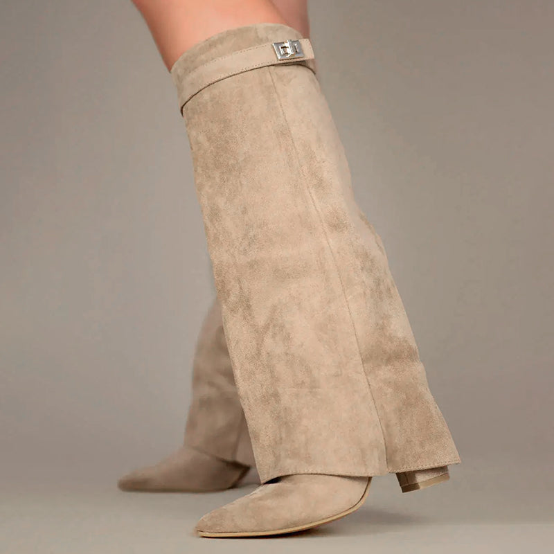 Women's orthopedic suede boots with buckle and fold-over cuff, stylish knee-high shoes designed for comfort and support.