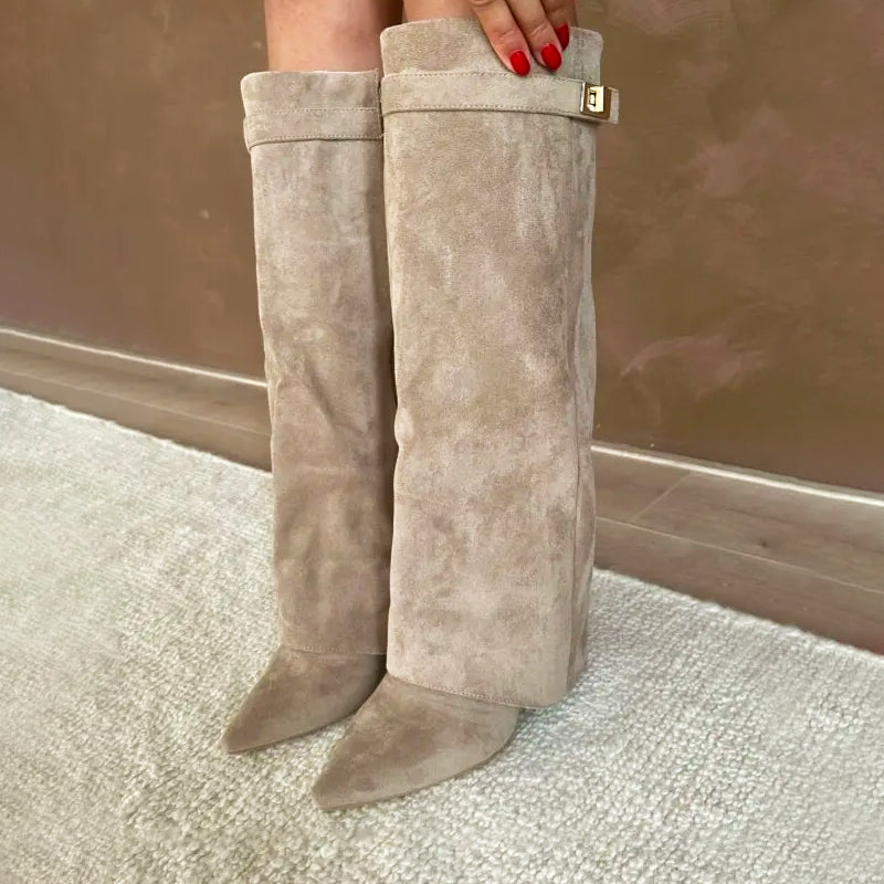 Women's orthopedic suede boots with buckle detail and fold-over cuff, stylish knee-high footwear for women.