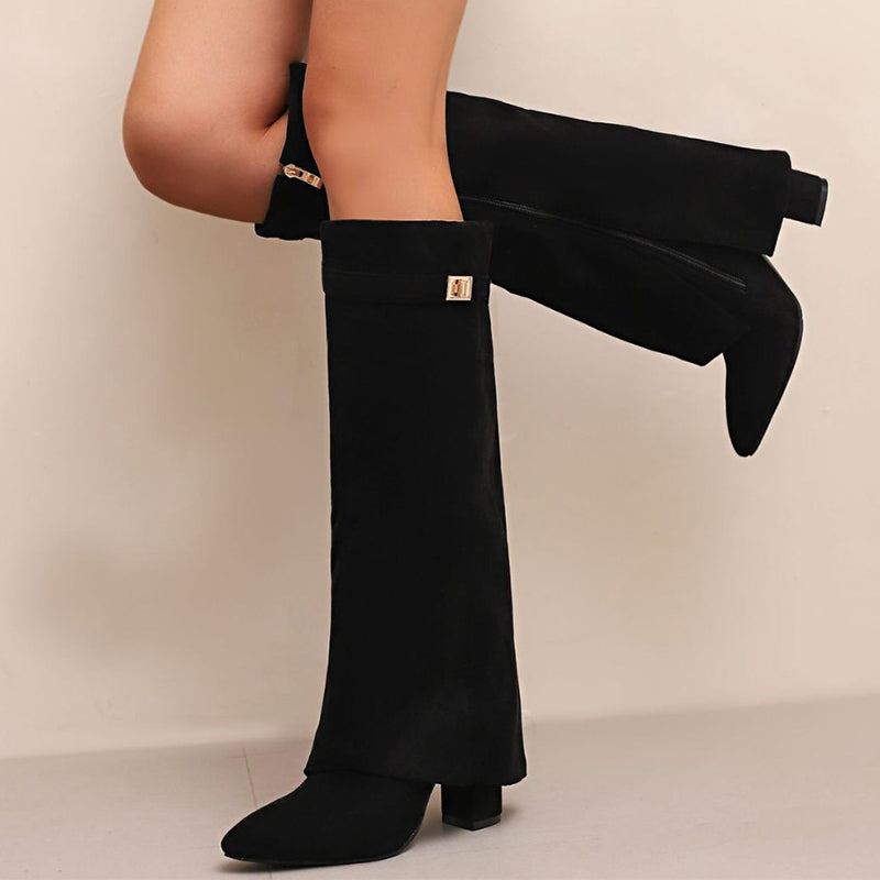 Women's orthopedic suede boots with buckle detail and fold-over cuff, stylish knee-high footwear for comfortable support.