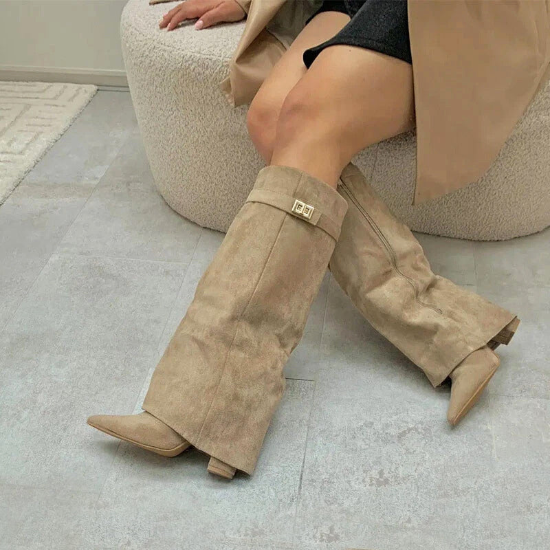 Women’s orthopedic suede knee-high boots with buckle detail and fold-over cuff, designed for comfort and style.