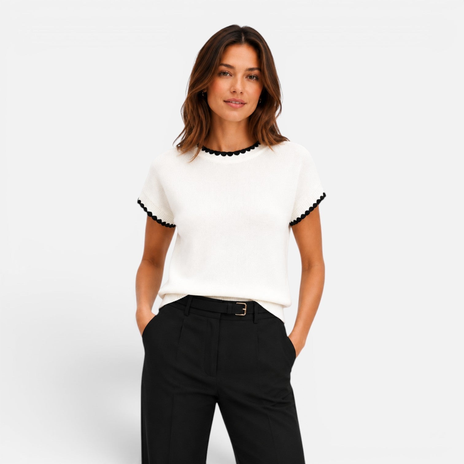Women’s contrast trim knit top with short sleeves and crew neck, stylish women’s shirt from My Store.