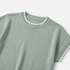 Women's contrast trim knit top with short sleeves and crew neck, stylish women's shirt by My Store.