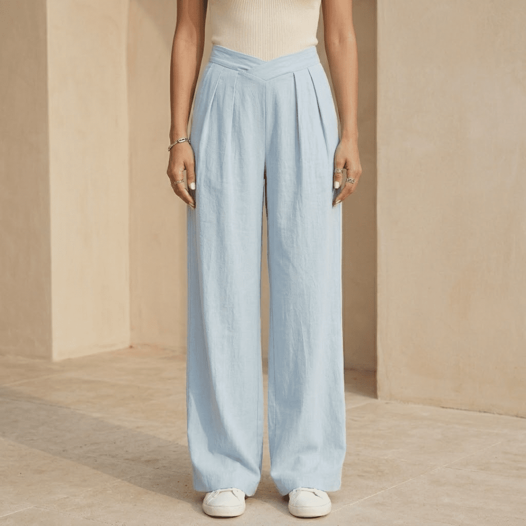 Women’s criss-cross waist wide-leg trousers by Tammy Bradley, featuring a stylish high-waist design and flowy wide-leg fit.