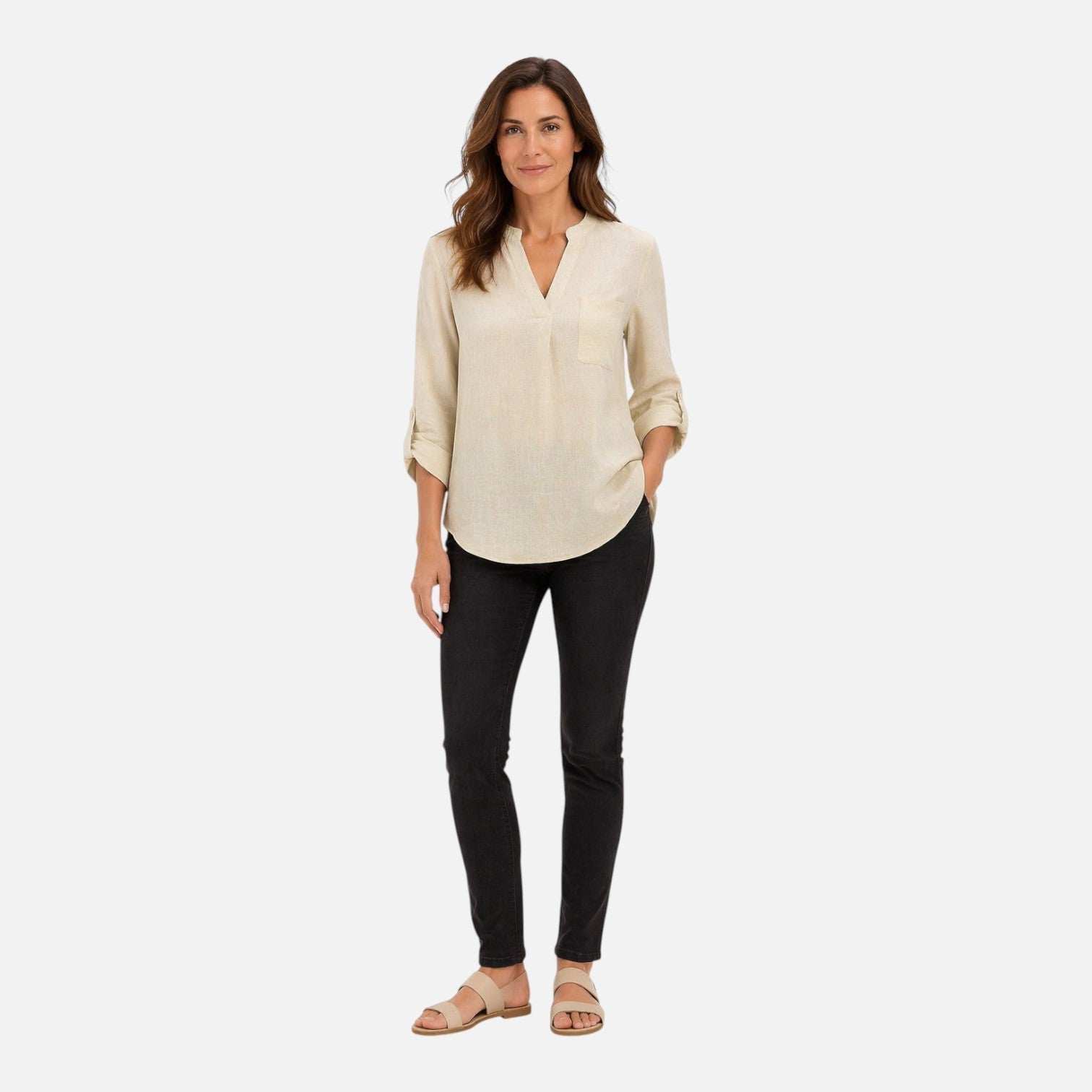 Women's elegant V-neck long sleeve blouse, dressy casual top, stylish women's shirt with a flattering fit and soft fabric.