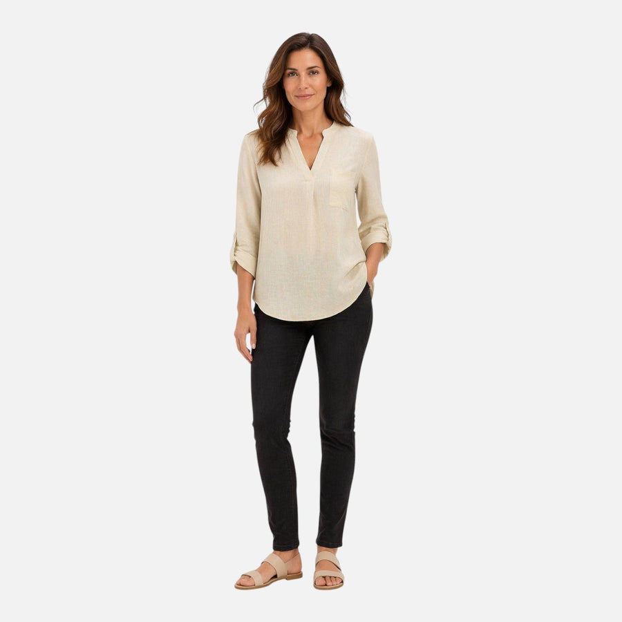Women's elegant V-neck long sleeve blouse, dressy casual top, stylish women's shirt with a flattering fit and soft fabric.