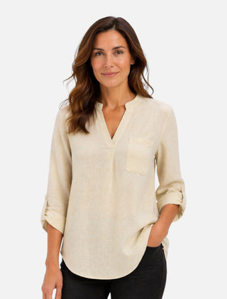 Elegant women's V-neck long sleeve blouse in a dressy casual style, perfect for stylish office or casual wear.
