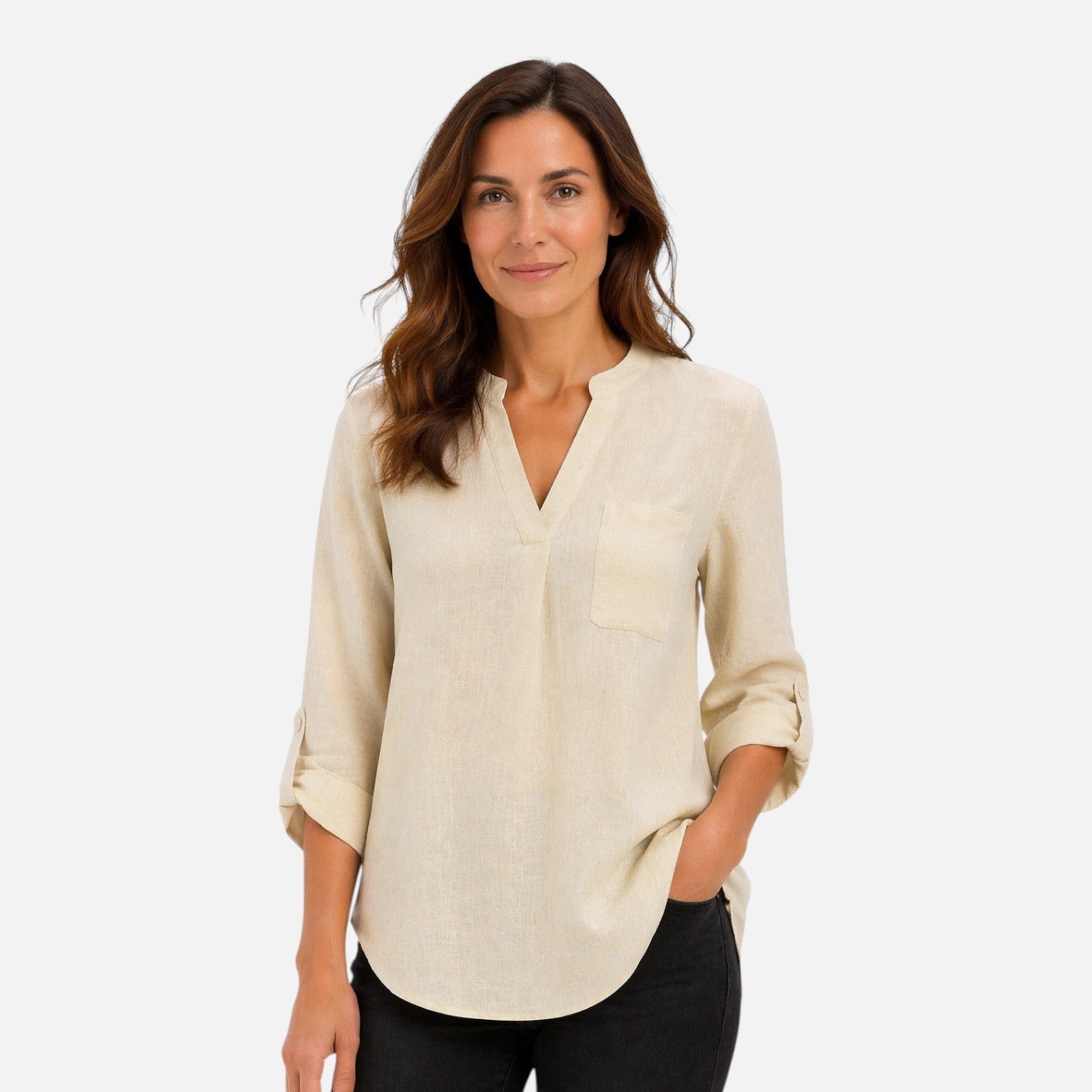 Elegant women's V-neck long sleeve blouse in a dressy casual style, perfect for stylish office or casual wear.