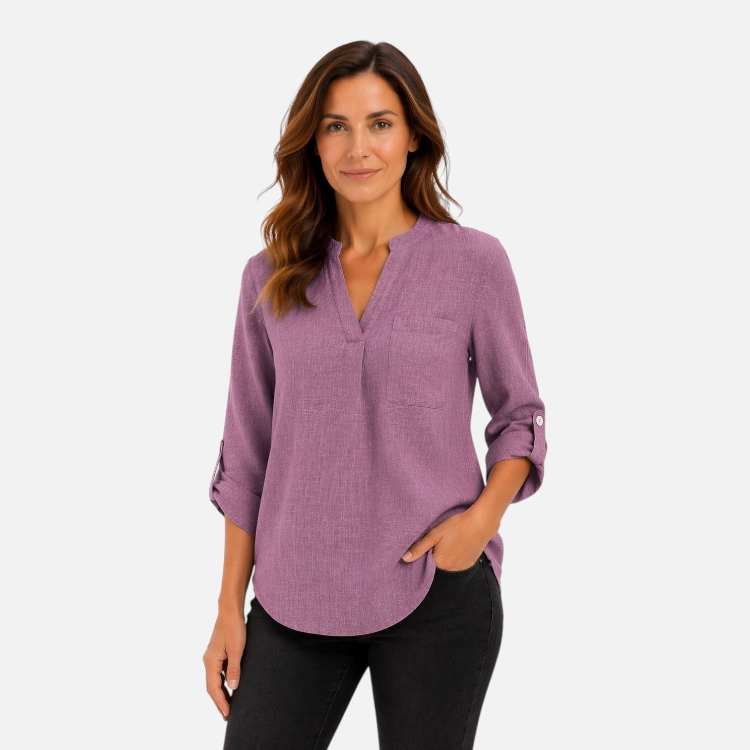 Elegant women's V-neck long sleeve blouse, dressy casual top with a stylish fit, perfect for versatile outfits.