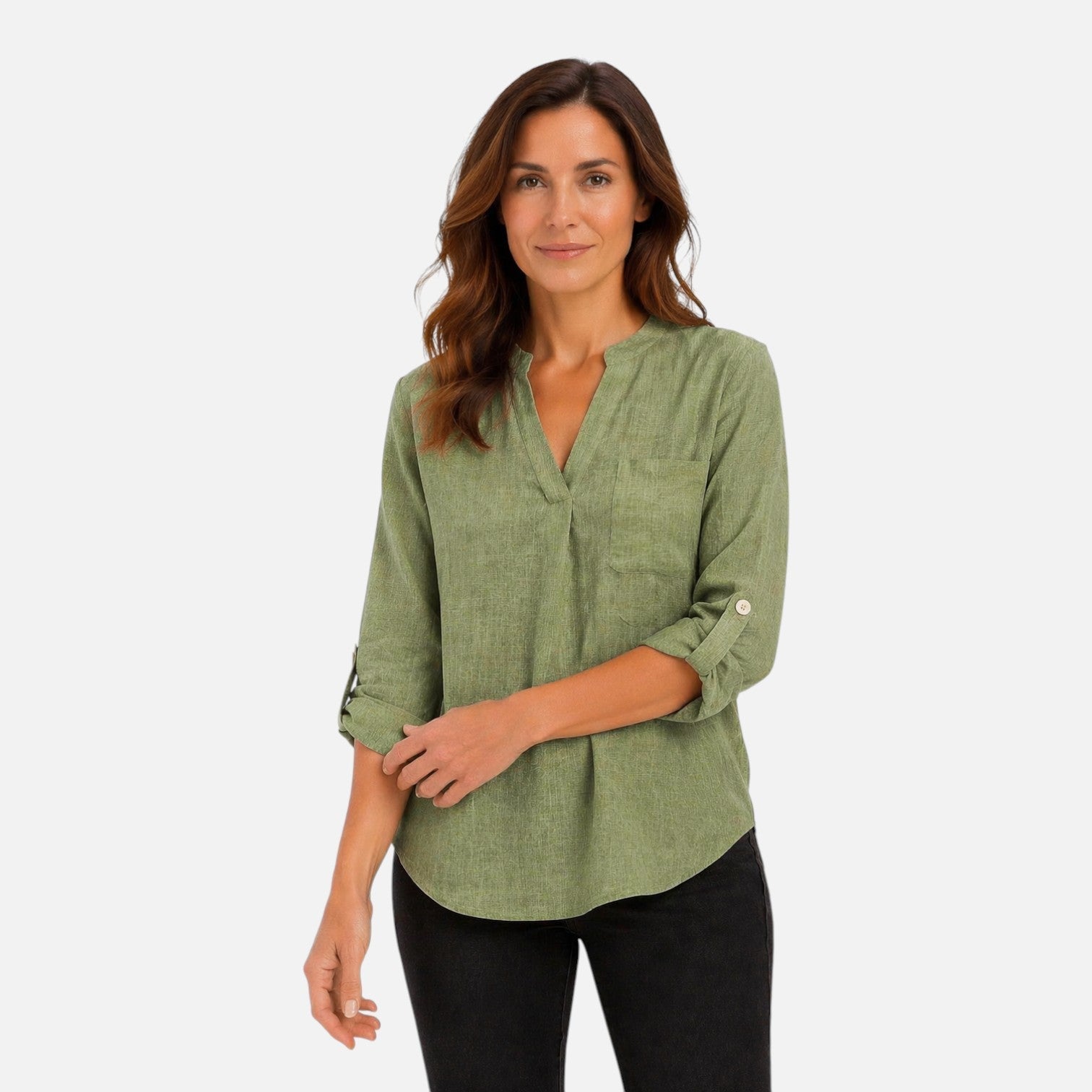 Women's elegant V-neck long sleeve blouse, casual dressy top with a stylish fit, perfect for versatile fashion looks.
