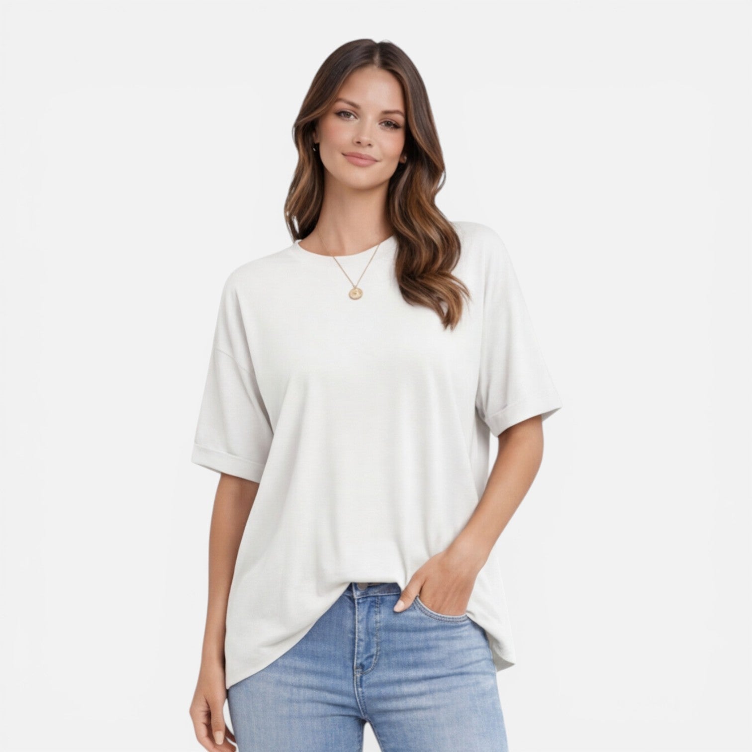Women’s oversized cotton T-shirt from My Store, relaxed fit, lightweight, breathable daily wear, casual women's shirt.