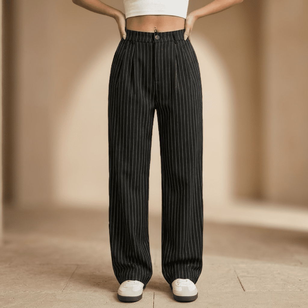 Women’s pinstripe high-waisted wide-leg trousers by Tammy Bradley, showcasing tailored fit and classic pinstripe pattern.