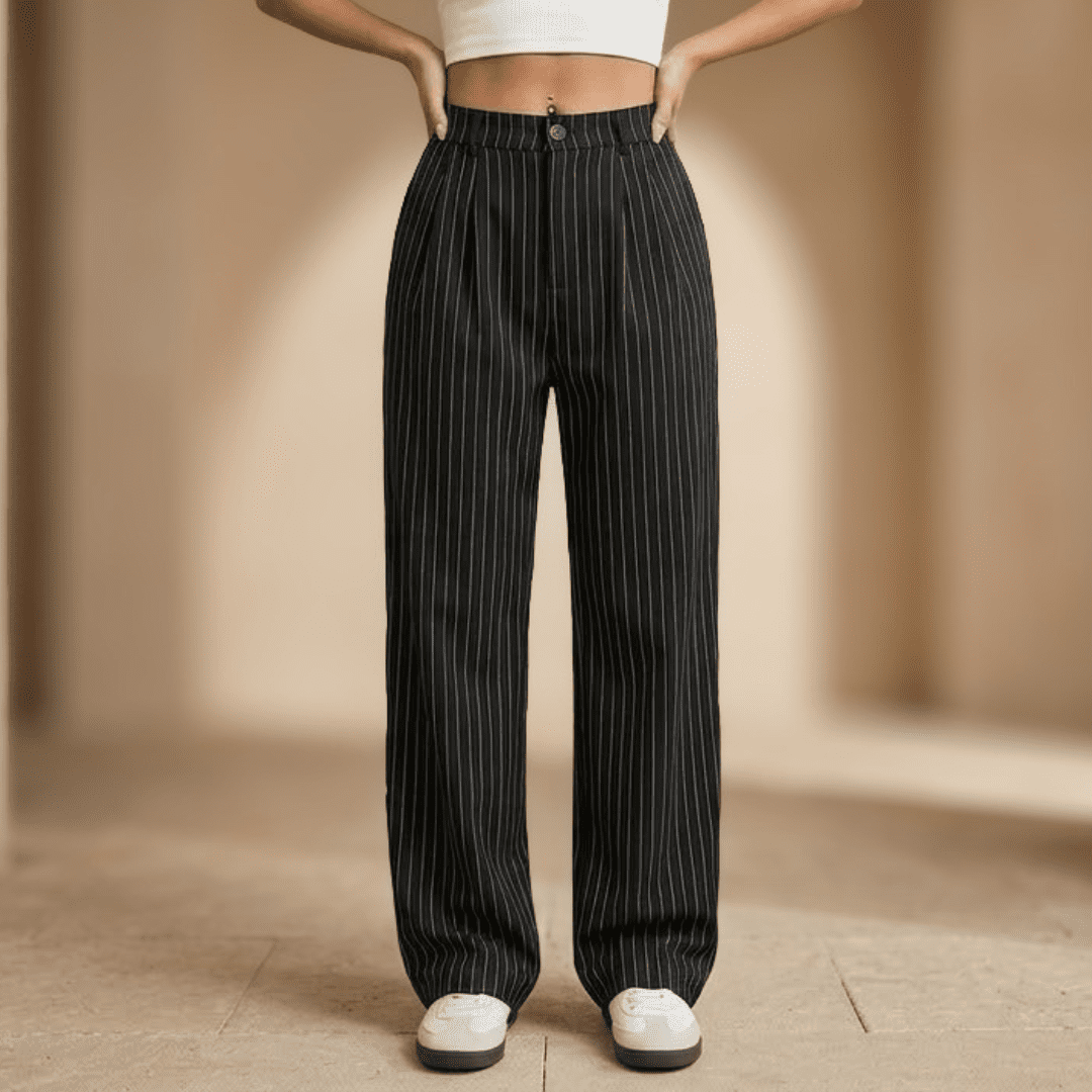 Women’s pinstripe high-waisted wide-leg trousers by Tammy Bradley, showcasing tailored fit and classic pinstripe pattern.