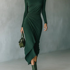 Elegant high neck knit midi dress for women, featuring a fitted silhouette and soft fabric in a classic style.