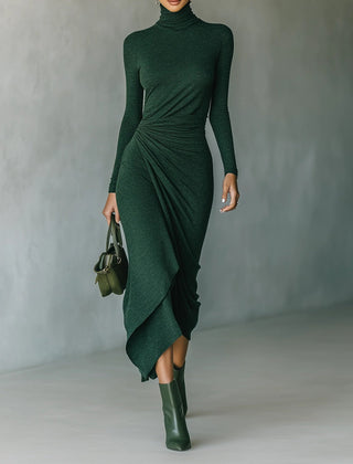 Elegant high neck knit midi dress for women, featuring a fitted silhouette and soft fabric in a classic style.