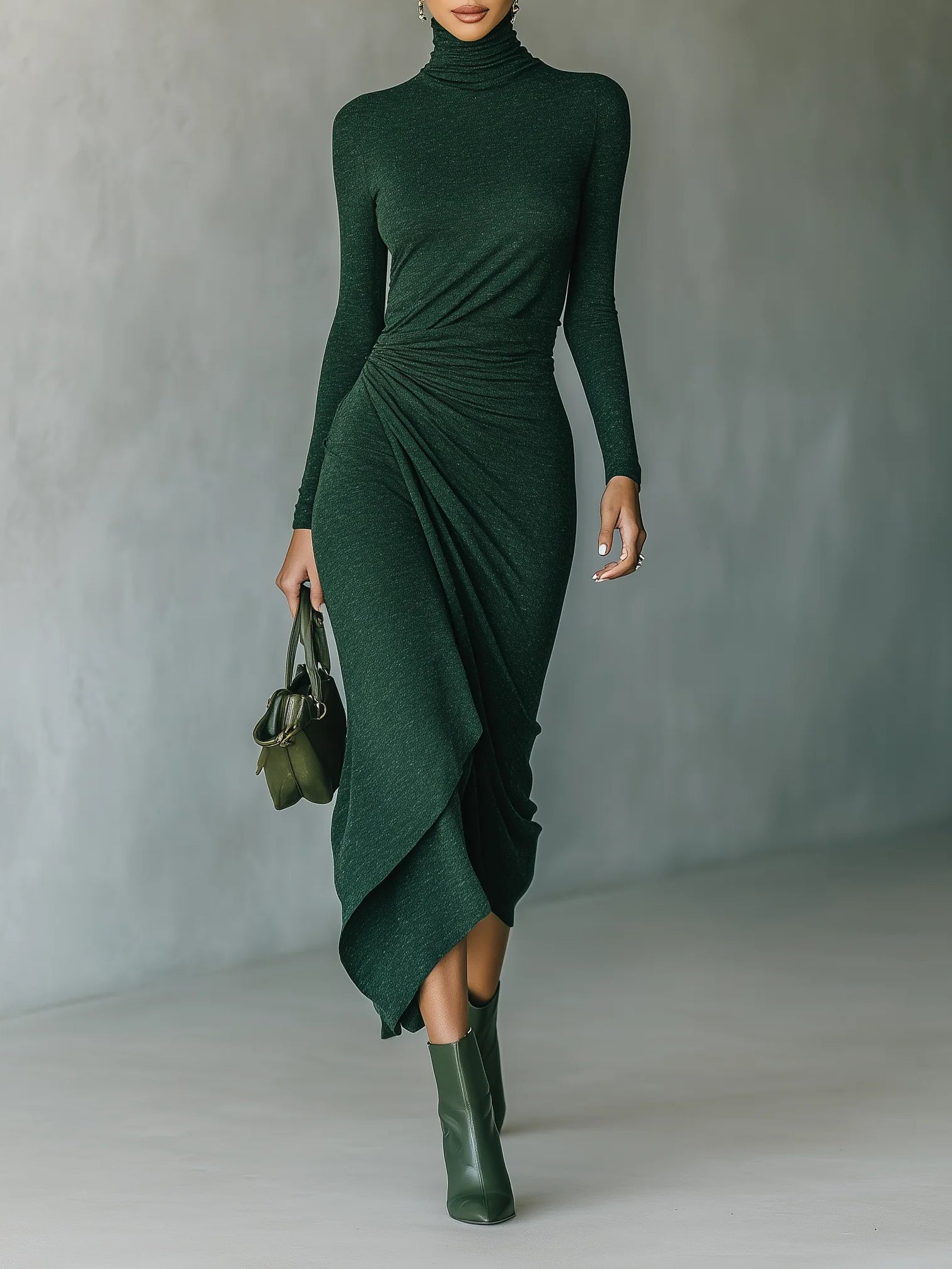 Elegant high neck knit midi dress for women, featuring a fitted silhouette and soft fabric in a classic style.