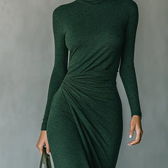 Elegant high neck knit midi dress for women, featuring a fitted silhouette and soft fabric, perfect for stylish occasions.