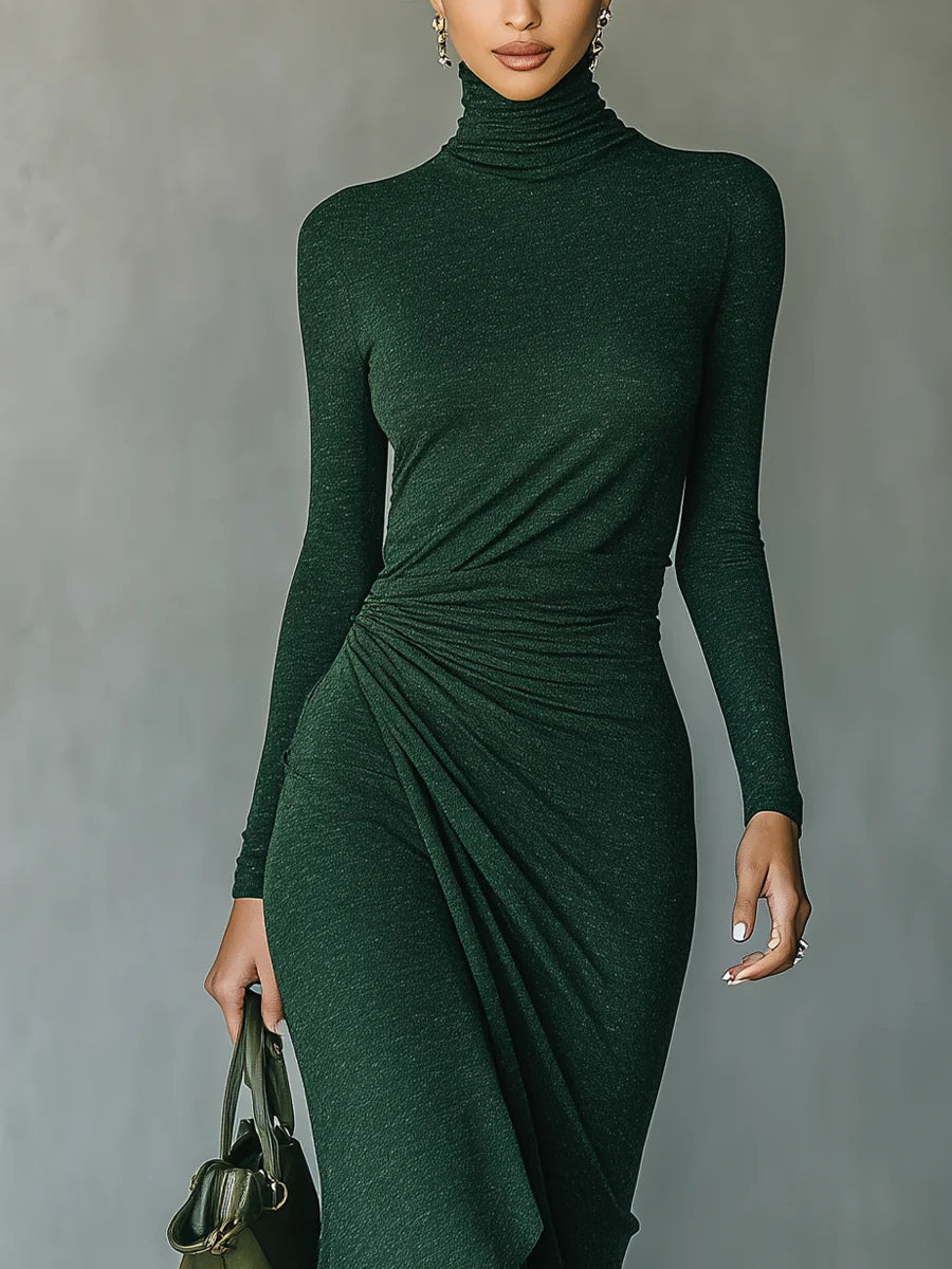 Elegant high neck knit midi dress for women, featuring a fitted silhouette and soft fabric, perfect for stylish occasions.