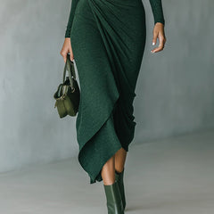 Elegant high-neck knit midi dress for women featuring a fitted silhouette and sophisticated style.