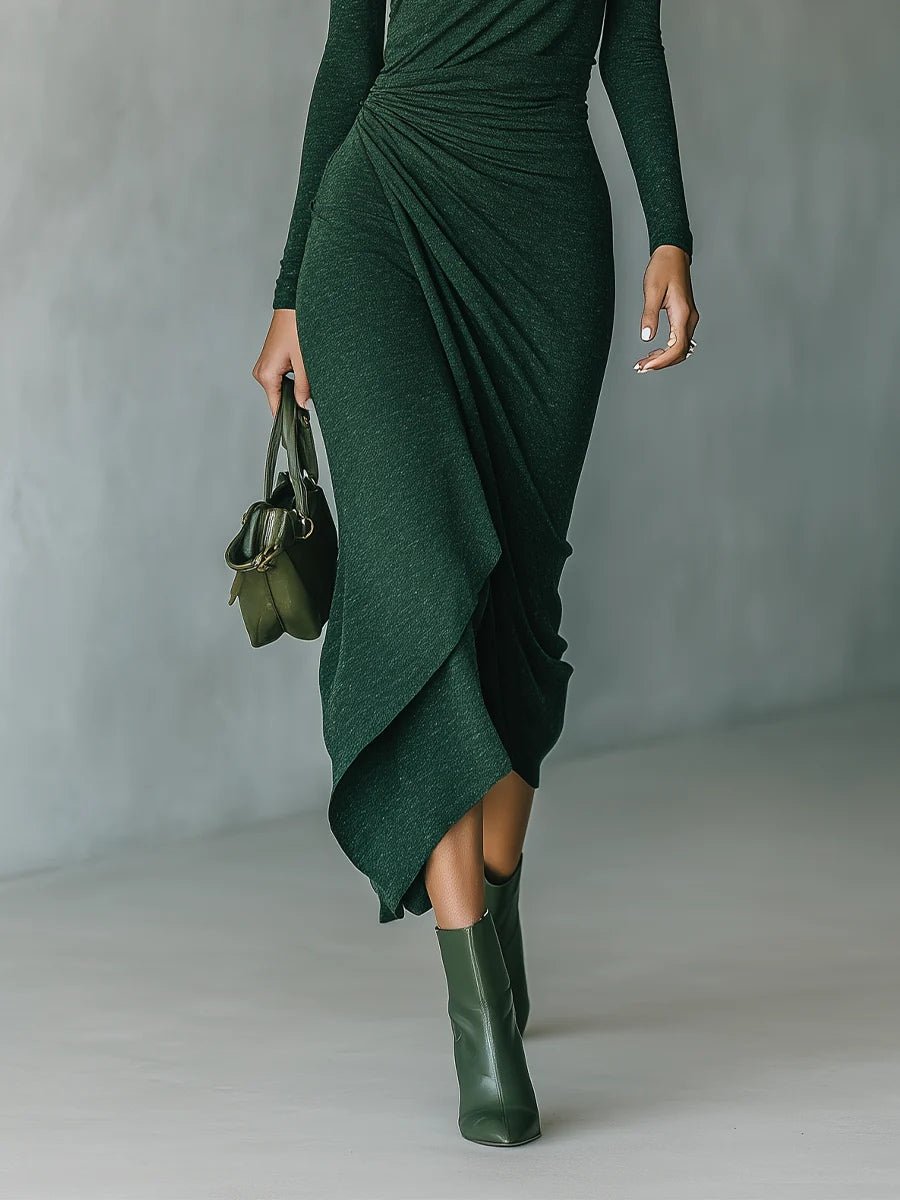 Elegant high-neck knit midi dress for women featuring a fitted silhouette and sophisticated style.