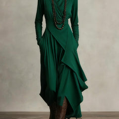 Green summer maxi dress for women with high neckline and long sleeves, stylish and flowy for warm weather.