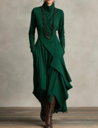 Green summer maxi dress for women with high neckline and long sleeves, stylish and flowy for warm weather.