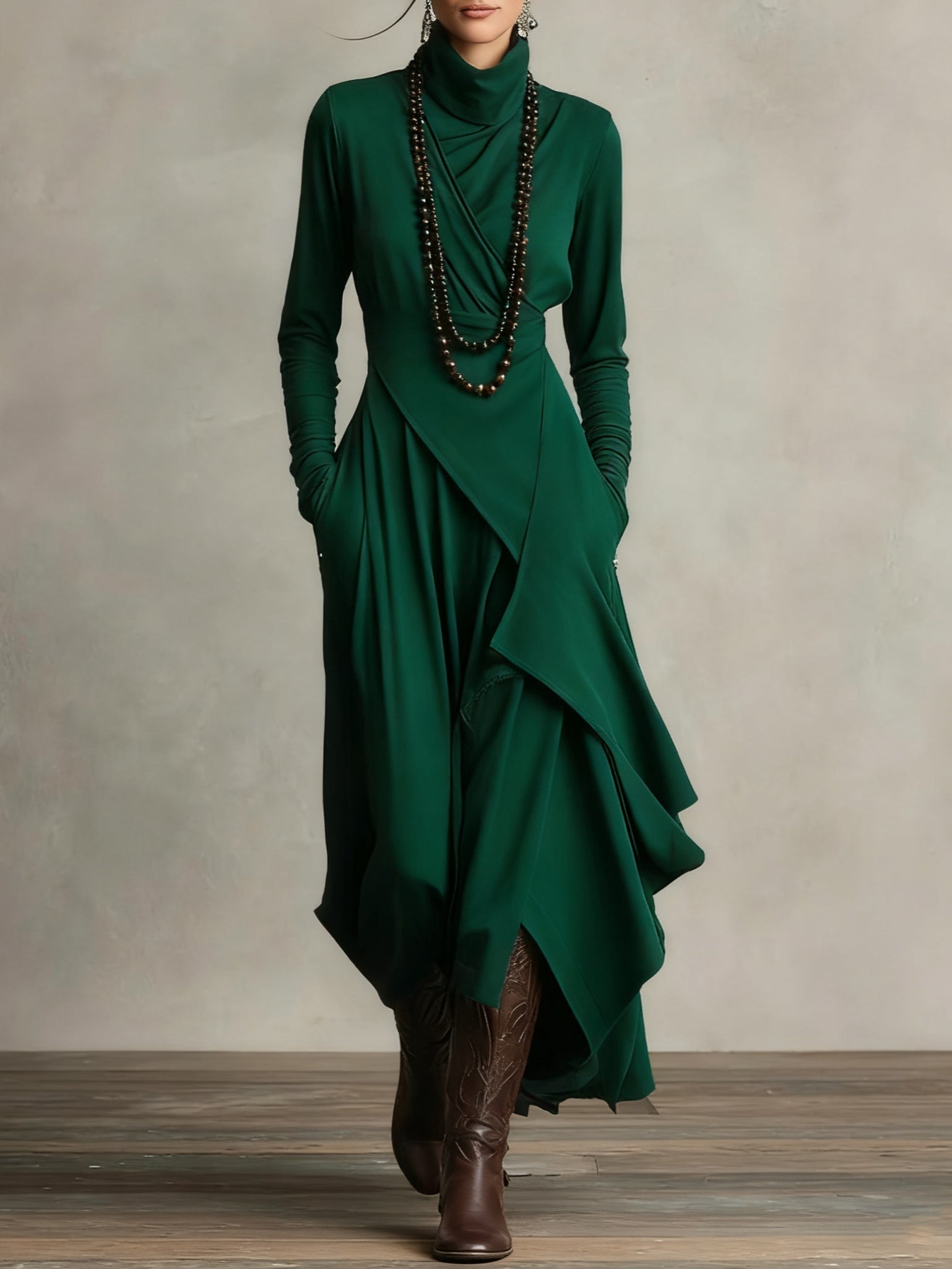 Green summer maxi dress for women with high neckline and long sleeves, stylish and flowy for warm weather.