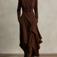Brown women's summer maxi dress with high neckline and long sleeves, stylish and comfortable for warm weather.