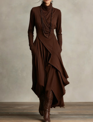Brown women's summer maxi dress with high neckline and long sleeves, stylish and comfortable for warm weather.
