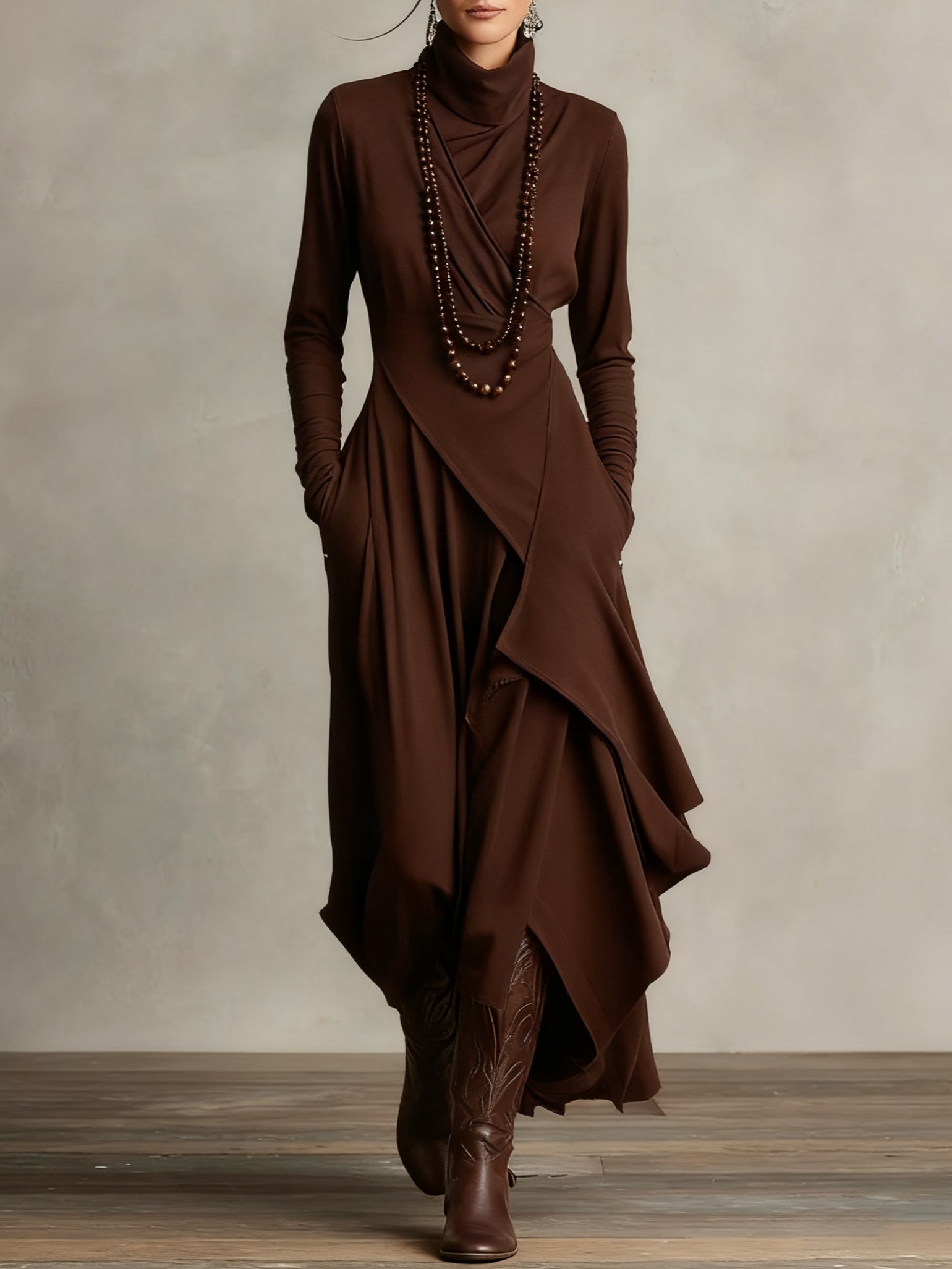 Brown women's summer maxi dress with high neckline and long sleeves, stylish and comfortable for warm weather.