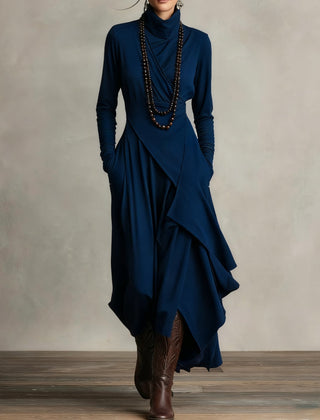 Navy summer maxi dress for women with high neck and long sleeves, stylish and flowy, from My Store.