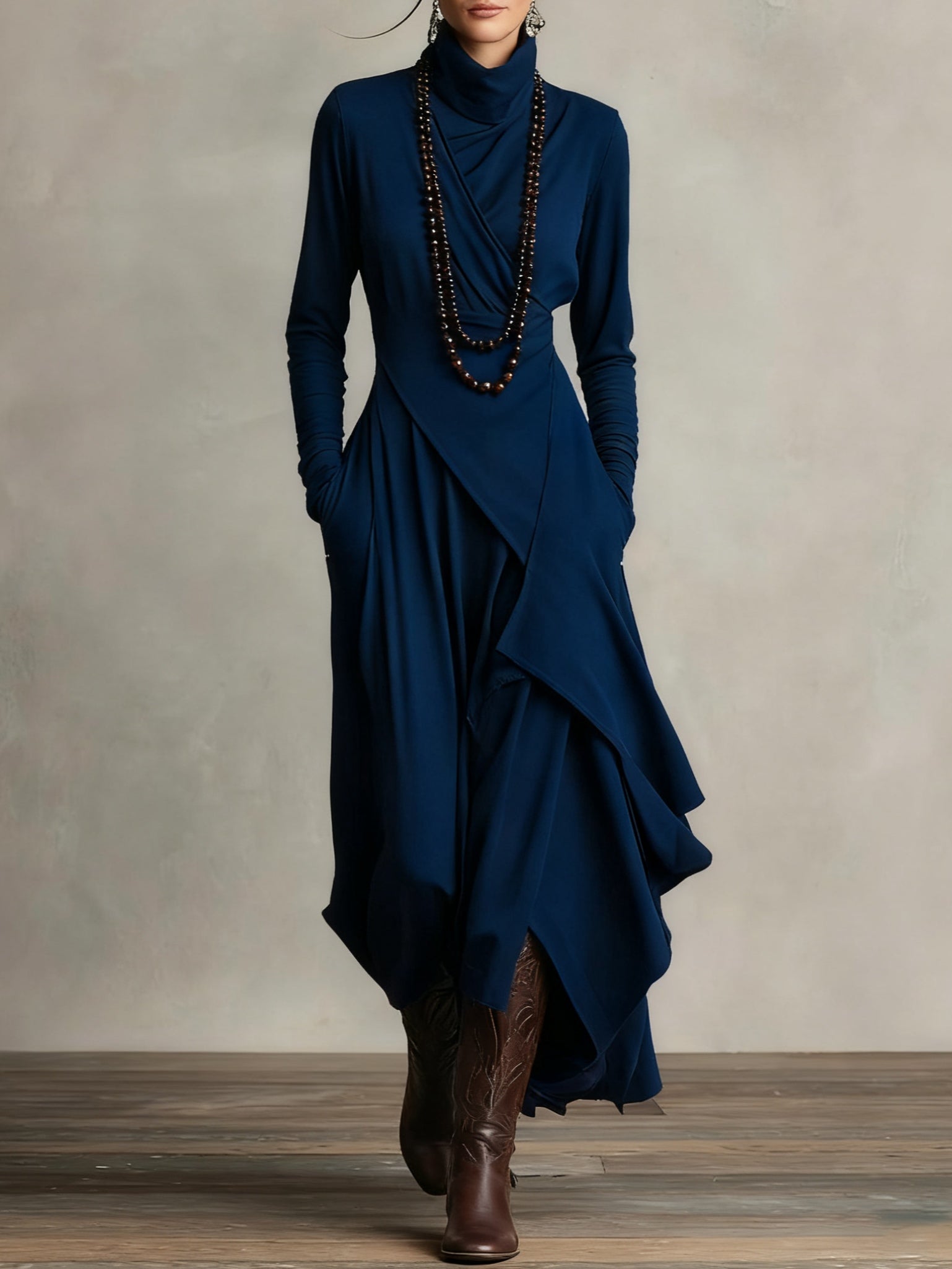 Navy summer maxi dress for women with high neck and long sleeves, stylish and flowy, from My Store.