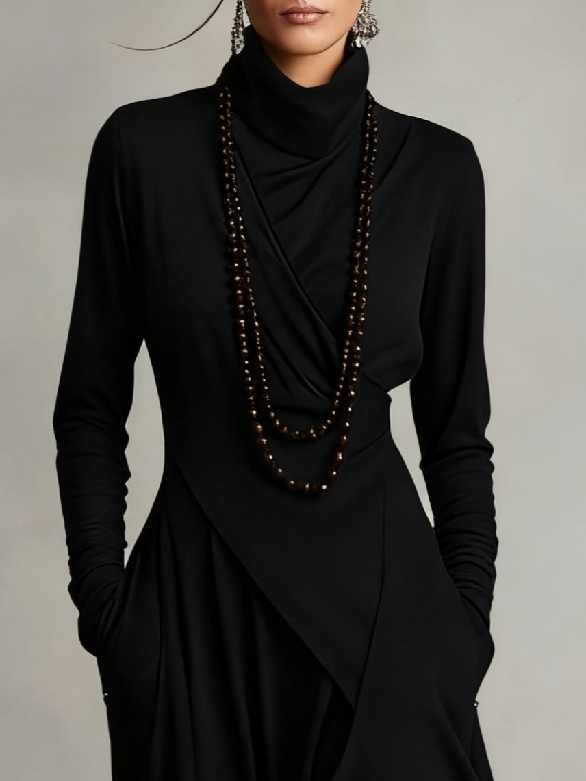 Elegant women's summer maxi dress with high neck and long sleeves in soft fabric, perfect for warm weather and casual occasions.