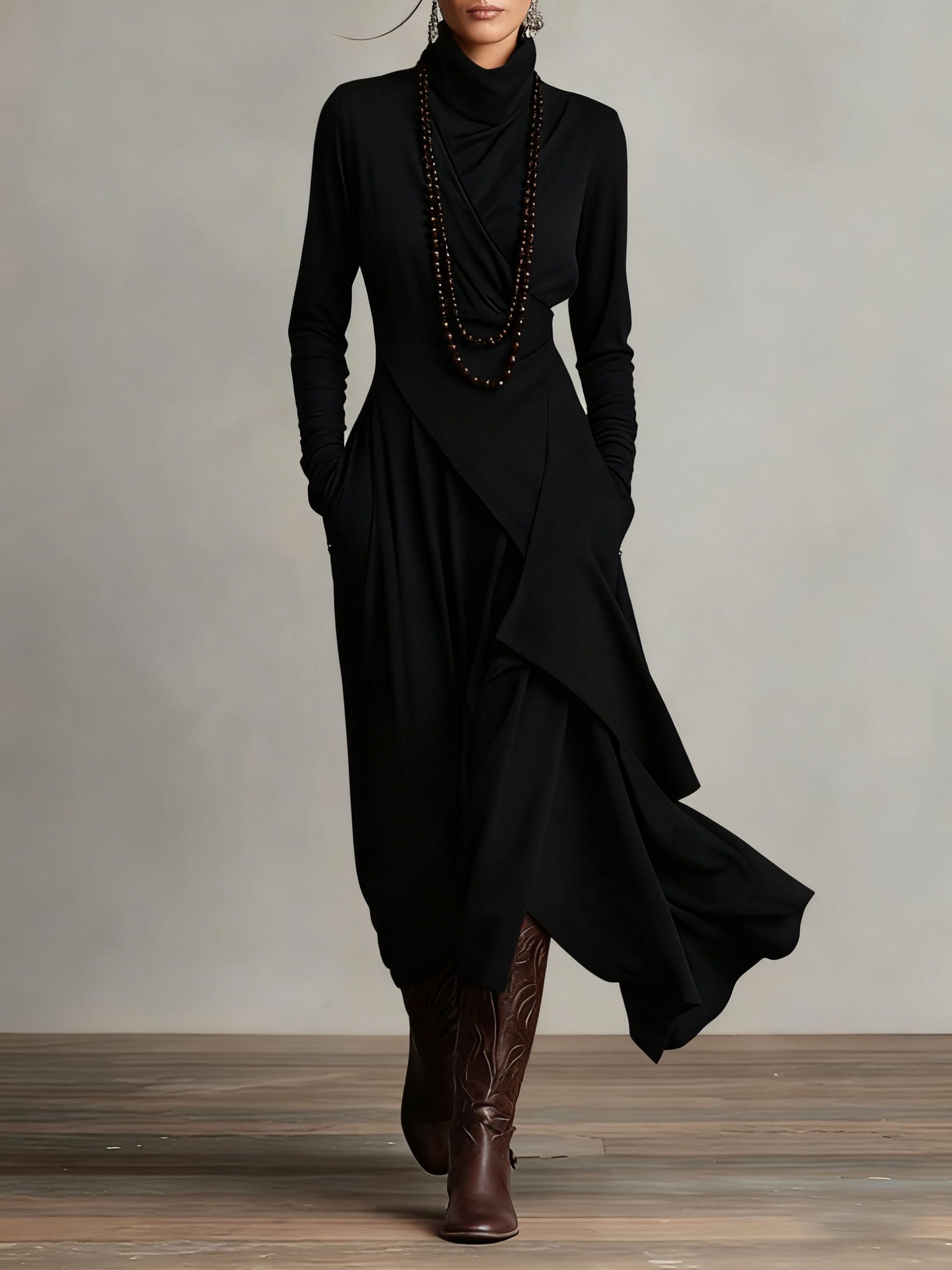 Elegant summer maxi dress for women with high neck and long sleeves, featuring a stylish design from My Store.