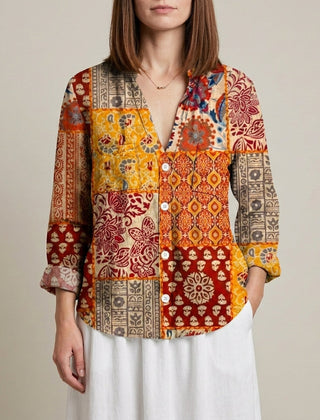 Yellow floral V-neck long sleeve linen blouse for women, stylish summer top with a relaxed fit and lightweight fabric.