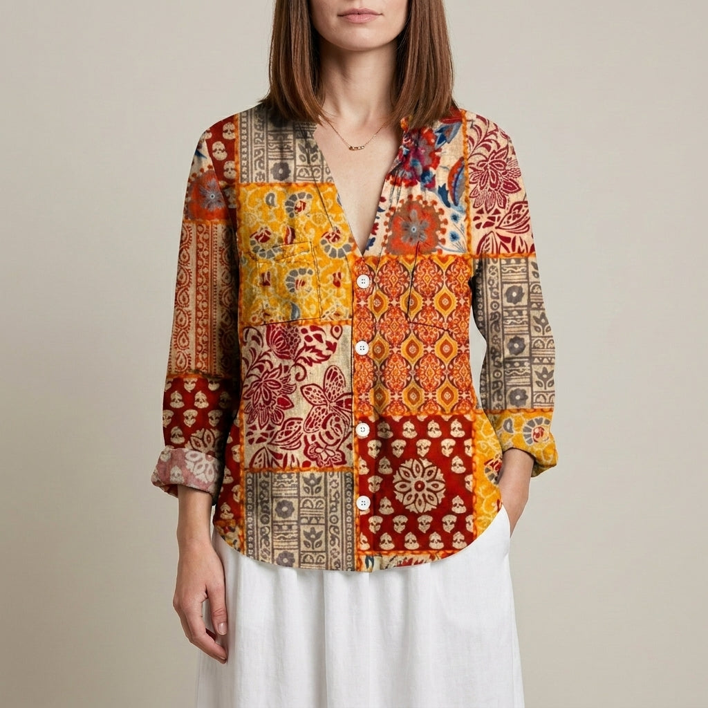 Yellow floral V-neck long sleeve linen blouse for women, stylish summer top with a relaxed fit and lightweight fabric.