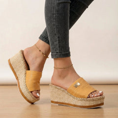 Yellow women's orthopedic espadrilles with wedge heel and adjustable strap, stylish and comfortable for everyday wear.