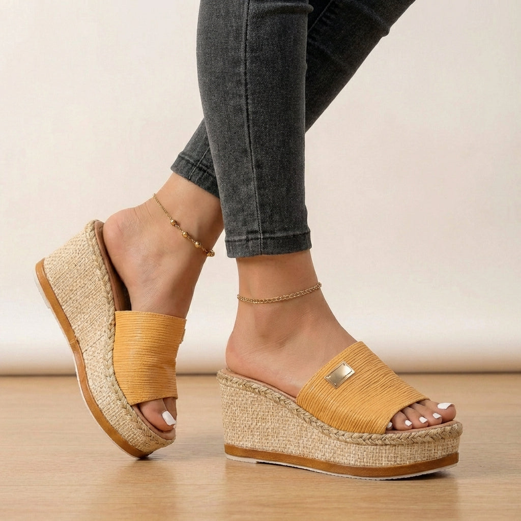 Yellow women's orthopedic espadrilles with wedge heel and adjustable strap, stylish and comfortable for everyday wear.